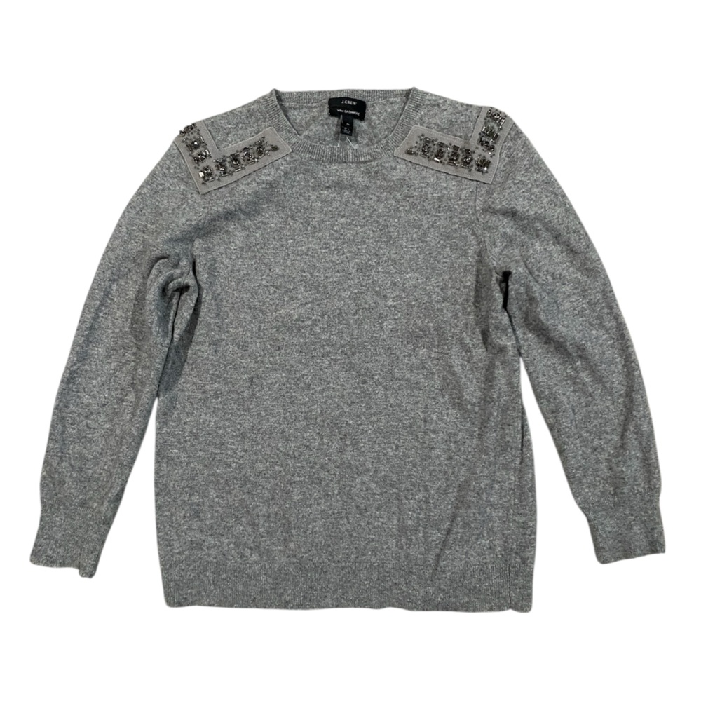J. Crew Cashmere Blend Gray Sweater with Jewel Embellished Shoulders Medium